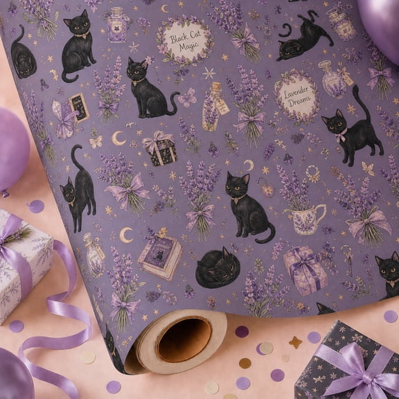 Birthday Wrapping Paper Black Cat and Lavender Paper Gift Wrap for Cat Lovers