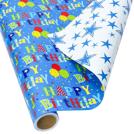 Birthday Wrapping Paper for Boys Girls Kids Baby Shower - Reversible Happy Birthday Gift Wrap Paper for Party - Gift Wrapping Paper Roll, 17.7 inch x 33 feet
