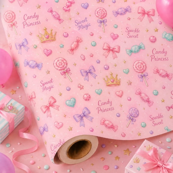 Birthday Wrapping Paper Candy Princess Pink Paper Gift Wrap for Party Presents