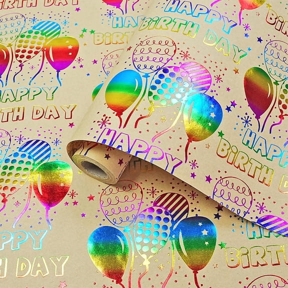 Birthday Wrapping Paper, Colorful Foil Happy Birthday Gift Wrapping Paper Roll, Kraft Gift Wrap Paper with Colorful Balloon and Confetti Design for Birthday Party Baby Shower, 17Inch x 33Feet