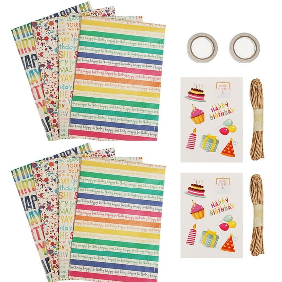 Birthday Wrapping Paper For Kids, Adults, Colorful Gift Wrapping Paper, 50*70Cm, 8 Sheets W/String And Sticker