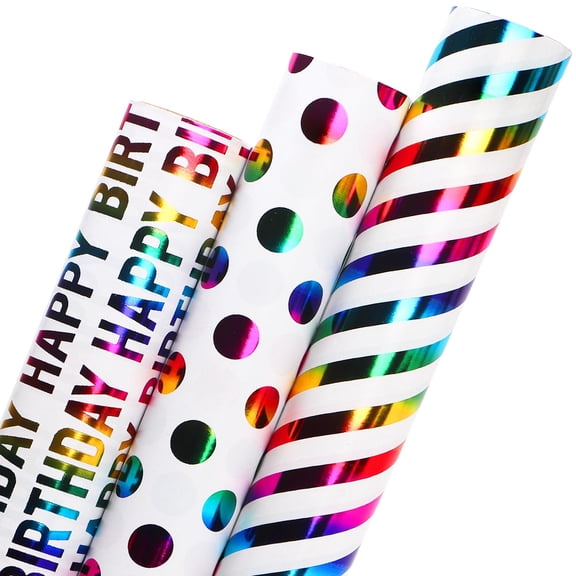 Birthday Wrapping Paper Iridescent Gift Wrapping Paper Mini Roll, 3 Rolls Happy Birthday Polka Dots Stripes Printed Assortment - 17 inch x 120 inch(10feet) Per Roll