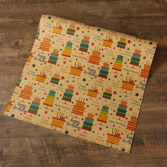 Birthday Wrapping Paper for Kids Girls Women Boys Men, 10 Sheets Kraft Brown Recycled Gift Wrapping Paper 4 Styles "Happy Birthday" Balloons Rainbow Stars Precut 20" X 28" Folded