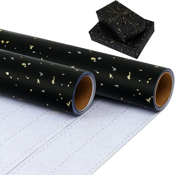 Birthday Wrapping Paper Roll - Black Gold Design with Silky Touch Perfect for Birthday, Wedding, Baby Shower - 2 Rolls, 17 x 120 inch Each