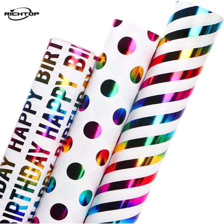 Birthday Wrapping Paper Roll - Colorful Foil Birthday Design for Party, Holiday, Baby Shower - 3 Rolls, 17 inch x 120 inch Each