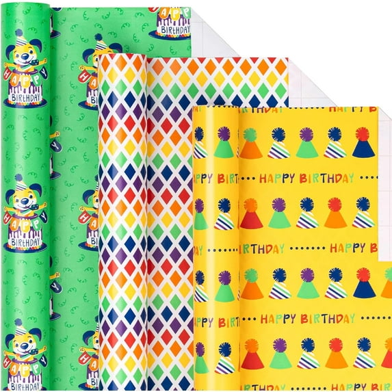 Birthday Wrapping Paper Roll - Mini Roll - Happy Birthday Dog Cake/Hat/Rainbow Plaid for Men, Boy, Brother, Father Gift Wrapping - 17 x 120 inches, 3 Rolls (42.5 sq.ft.ttl.)