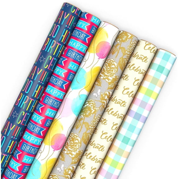 Birthday Wrapping Paper Rolls for Wedding, Baby Shower, Easter, All Occasion - Flowers, Balloons, Pastel Plaid (Set of Assorted 6 Rolls: 180 sq. ft. ttl.)