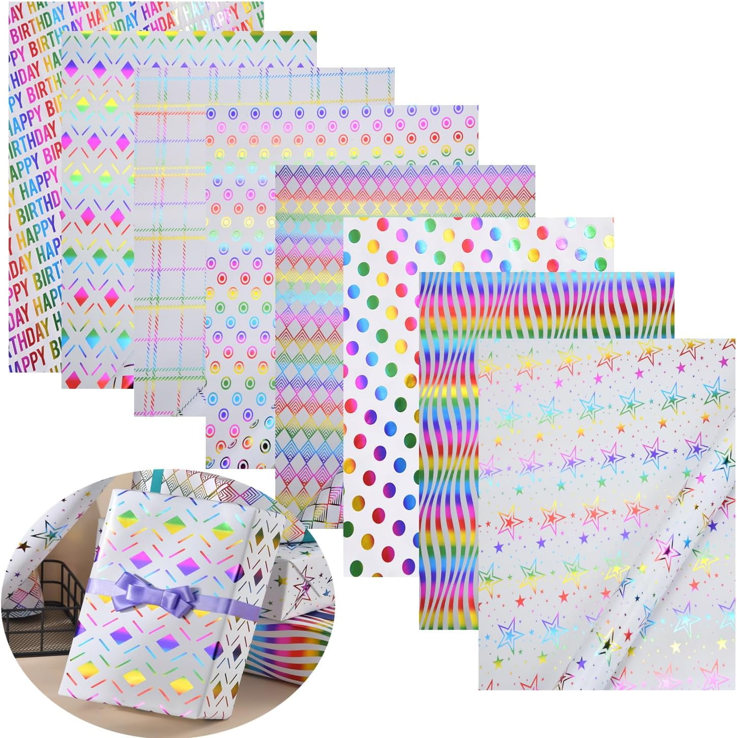 Birthday Wrapping Paper Sheets, 8 Sheets Gift Wrapping Paper with 8