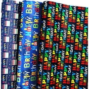 Birthday Wrapping Paper for Boys Girls Kids Men Women - 3 Styles Happy Birthday Lettering Gift Wrap Paper for Party - 6 Large Sheets, 27x37 inch
