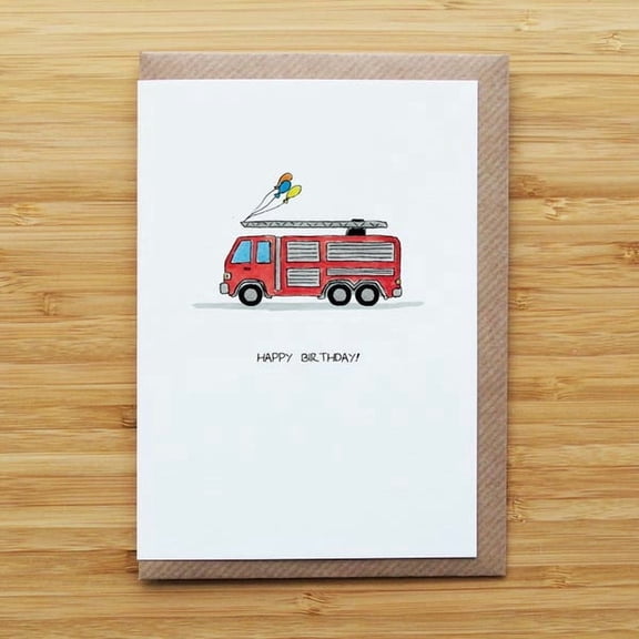 Birthday card with a red fire truck illustration, perfect for children and fans of firefighting themes and colorful designs.
