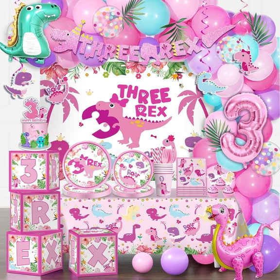 Birthday decoration girl cutlery set, pink dinosaur birthday decoration, one-piece party bag