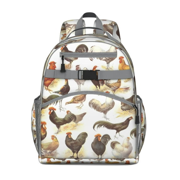 Birthday gift chicken backpack, roomy backpack with colorful hen prints, practical backpack for school