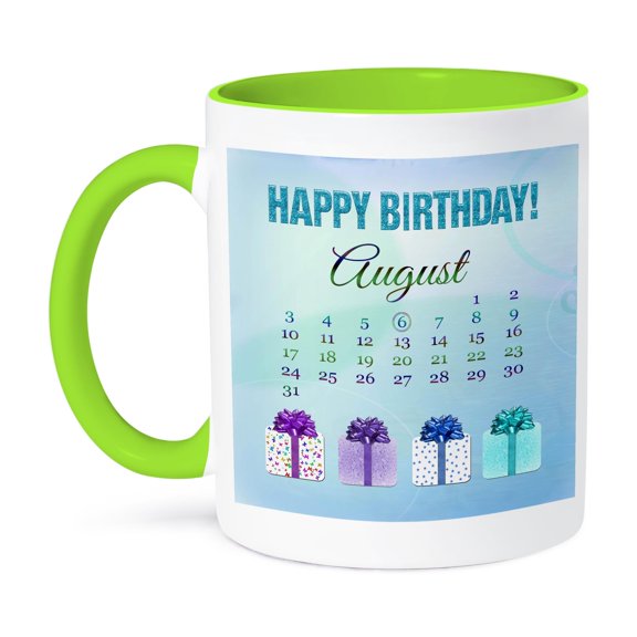 3dRose, Birthday on August 6th, Glitter Look Happy Birthday and Colorful Presents, 11oz Two-Tone Green Mug