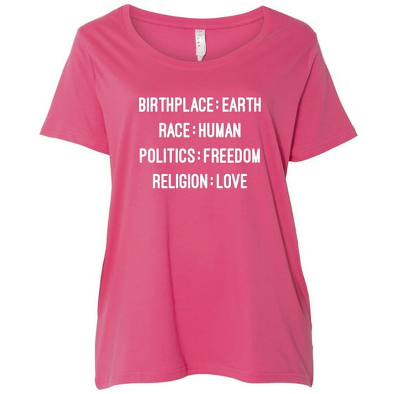 Birthplace:Earth Race:Human Politics:Freedom Womens Plus Size Scoopneck T