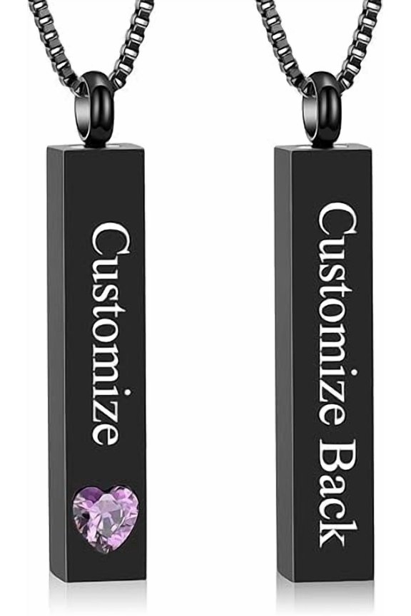 Birthstone Bar Urn Necklace for Ashes with Birthstone Heart Cube Cremation Jewelry Keepsake Ashes Pendant Memorial Gift for Women Men