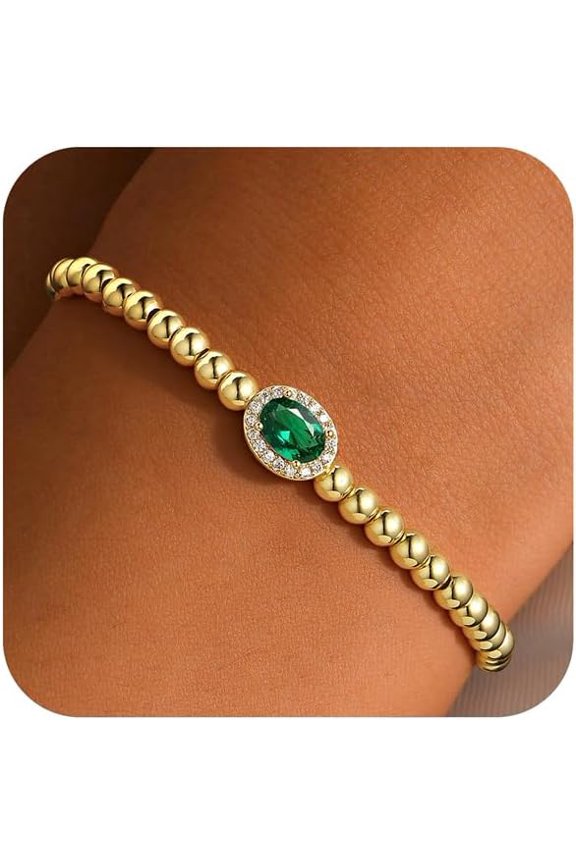 Birthstone Beaded Bracelets for Women – 14K Gold Plated Oval Charm 12 Months Created Birthstone Beaded Bracelet Stretch Jewelry for Women Girlfriend