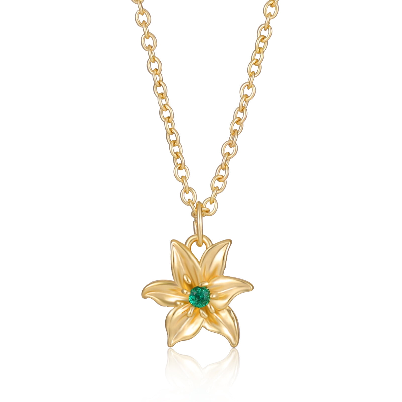 Apsvo 18K Gold Plated Birthstone Birthflower Necklaces for Women Lily Pendant Necklace May Birth Month Flower Necklace Birthday Jewelry Gifts Ideas