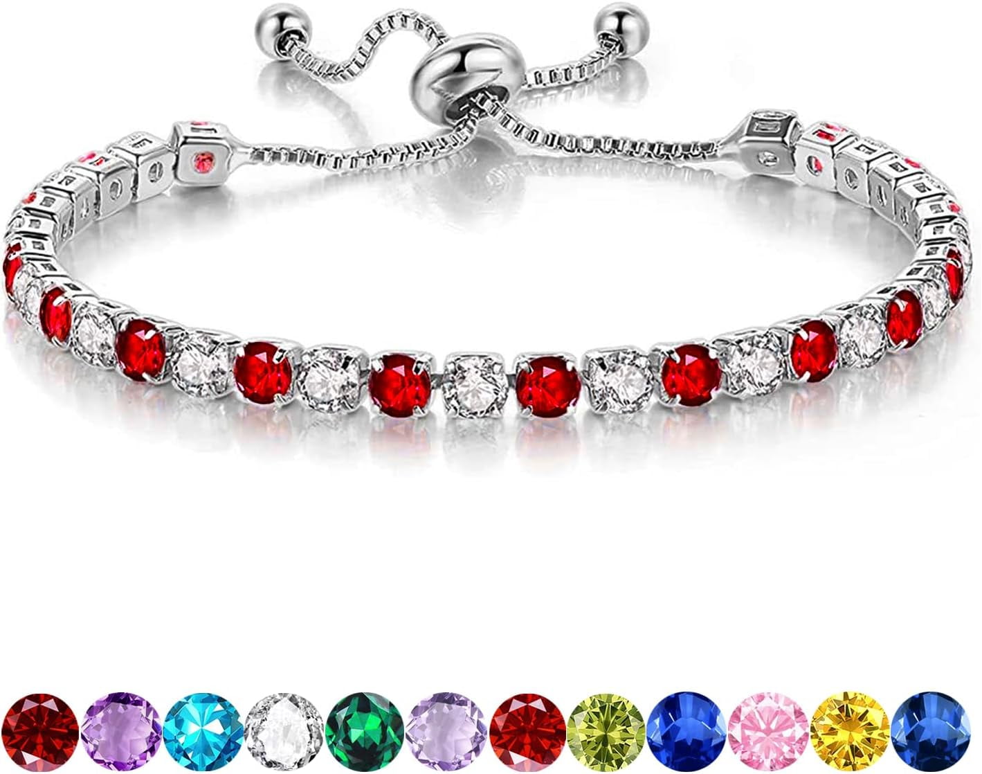 Birthstone Bracelet For Women - Adjustable Sterling Silver Tennis Bracelet With Cubic Zirconia, Mother's Day Birthday Gift