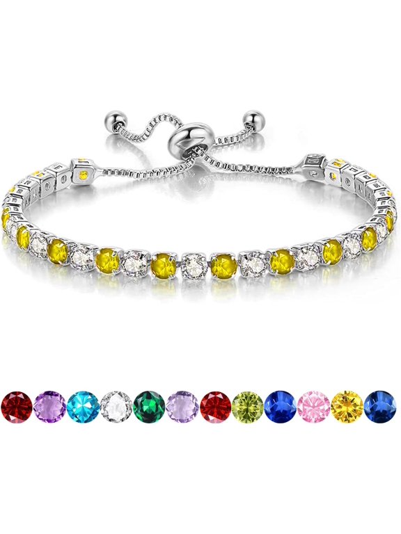 Birthstone Bracelet for Women, Silver Tennis Bracelets with Cubic Zirconia Adjustable Slider Bracelet Birthday Mother's Day Graduation Gifts for Her Mom Wife Girlfriend