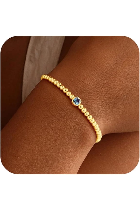 Birthstone Bracelets for Women - Dainty Elastic 14K Gold Plated Beaded Birthstone Bracelets Trendy Waterproof Friendship Birthday Jewelry Gifts for Women Girls