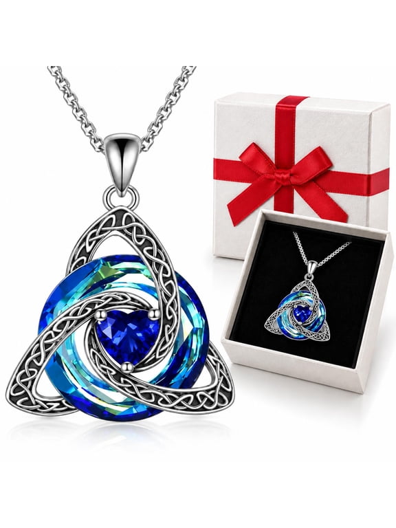 Birthstone Celtic Trinity Knot Necklace for Women Wear Your Protection Story Elegant Silver-Plated Crystal Jewelry Austrian Perfume Viking Saphire Personalized Pendant
