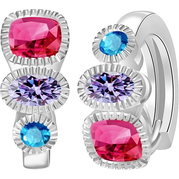 Birthstone Circle Earrings for Women 925 Sterling Silver Fashion Square Cubic Zirconia Earrings with Birthstone Christmas Birthday Mother's Day Jewelry Gift for Women