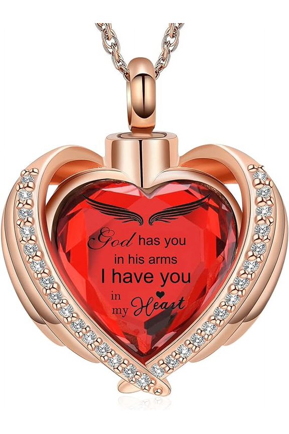 Birthstone Cremation Jewelry Angel Wing Heart Urn Ashes Necklace for Women Wing Heart Urn Pendant Crystal Birthstone Urns for Human Ashes Memorial Locket