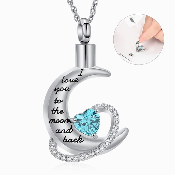 Birthstone Crescent Moon Shape Cremation Jewelry for Ashes Urn Necklace Stainless Steel Memorial Lockets Keepsakes Jewelry for Ashes Pendant - Fill kit
