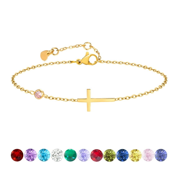 Birthstone Cross Bracelet for Women, Birthday Gifts Dainty 14K Gold Plated Cross Birth Stone Adjustable Bracelets, Religious Christian Jewelry for Her