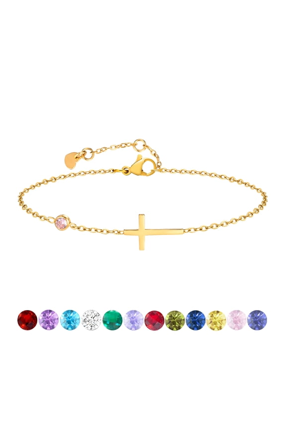 Birthstone Cross Bracelet for Women, Birthday Gifts Dainty 14K Gold Plated Cross Birth Stone Adjustable Bracelets, Religious Christian Jewelry for Her
