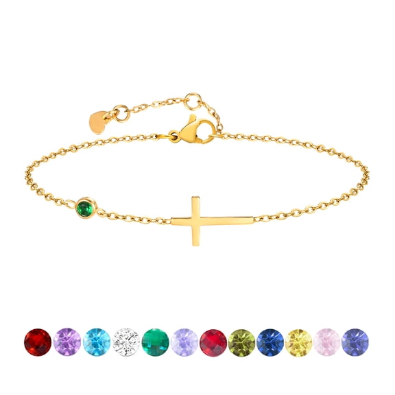 Birthstone Cross Bracelet for Women, Birthday Gifts Dainty 14K Gold Plated Cross Birth Stone Adjustable Bracelets, Religious Christian Jewelry for Her