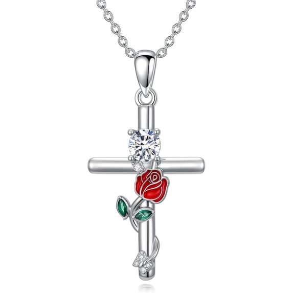 Birthstone Cross Necklace 925 Sterling Silver Rose with Butterfly Birthstone Cross Pendant Necklace Jewelry Gifts for Women Birthday Christmas