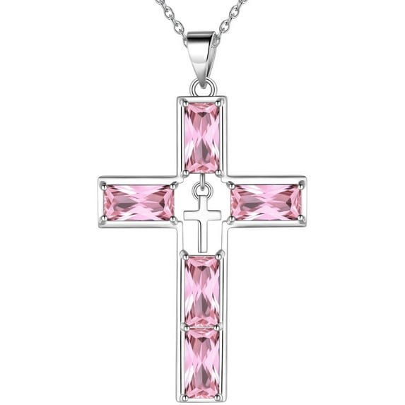 Jewmon 925 Sterling Silver Cross Necklace October Birthstone Necklace for Women Mens Cross Pendant Birthstone Jewelry Christmas Day Gift for Mom Wife Girlfriend