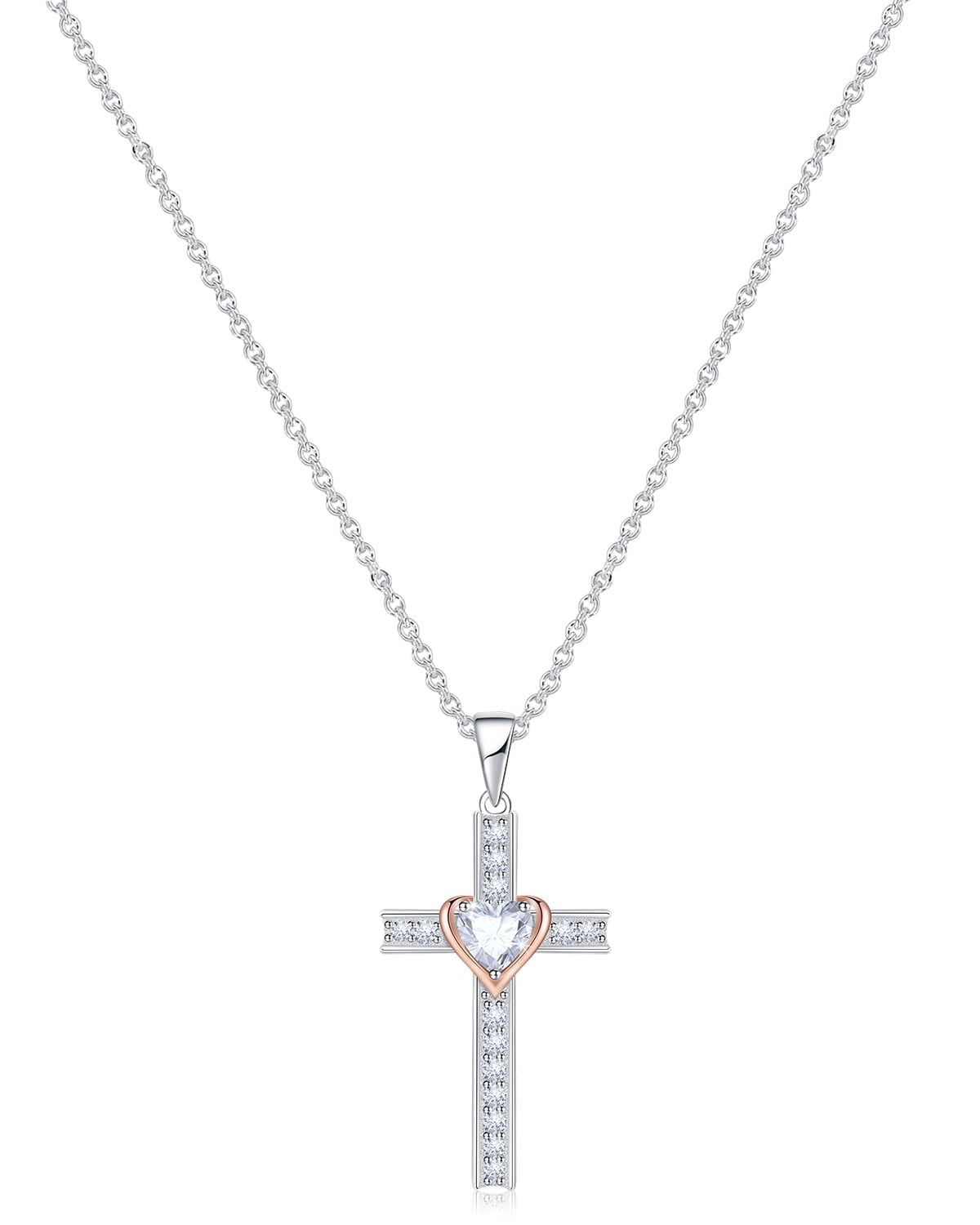 Sterling Silver Birthstone Cross Necklace For Women - CZ & Heart Crystal Pendant, Adjustable Chain