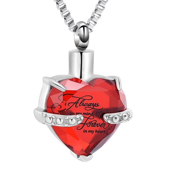 Birthstone Crystal Cremation Urn Necklace Heart Ashes Necklace Carved Locket Stainless Steel Memorial Keepsake for Ashes