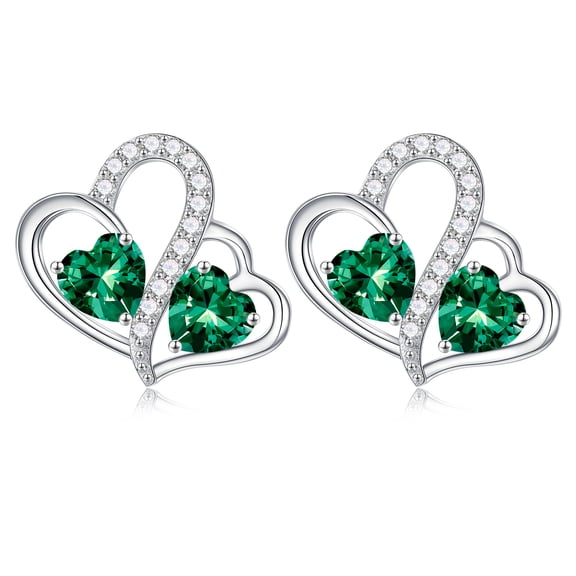 Turandoss Birthstone Earrings for Women 925 Sterling Silver CZ Double Heart Birthstone Trendy Jewelry Birthday Valentine's Day Gifts for Women Wife Her