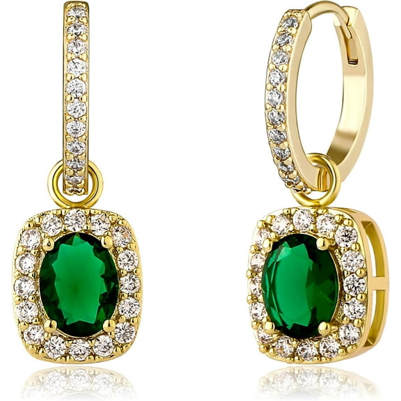 Birthstone Emerald Earrings 14K Gold Plated Iced Big Cushion Cubic Zirconia Drop Dangle Green Earrings for Women Fashion  Gift