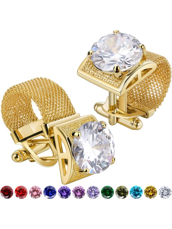 Birthstone Gold Tone Cufflinks for Men with Chain Shirt cuff links Wedding Business Birthday Christmas Gifts for Men