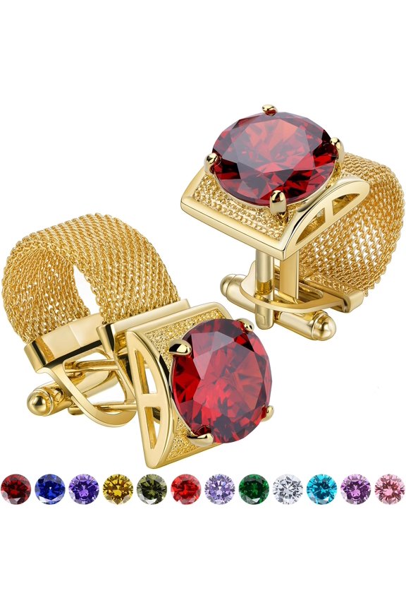 Birthstone Gold Tone Cufflinks for Men with Chain Shirt cuff links Wedding Business Birthday Christmas Gifts for Men