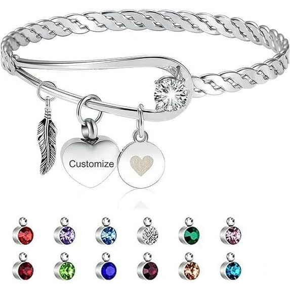 Birthstone Heart Urn Cremation Bracelet for Ashes Holder Heart Adjustable Urn Locket Pendant Memorial Keepsake Urn Bangle for Ashes for Women Birthstone Urn Jewelry