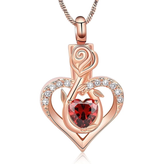 Birthstone Heart Urn Necklace for Ashes Women Rose Flower Cremation Ash Necklace Stainless Steel Memorial Pendant Ash Holder Heart Urn Keepsake