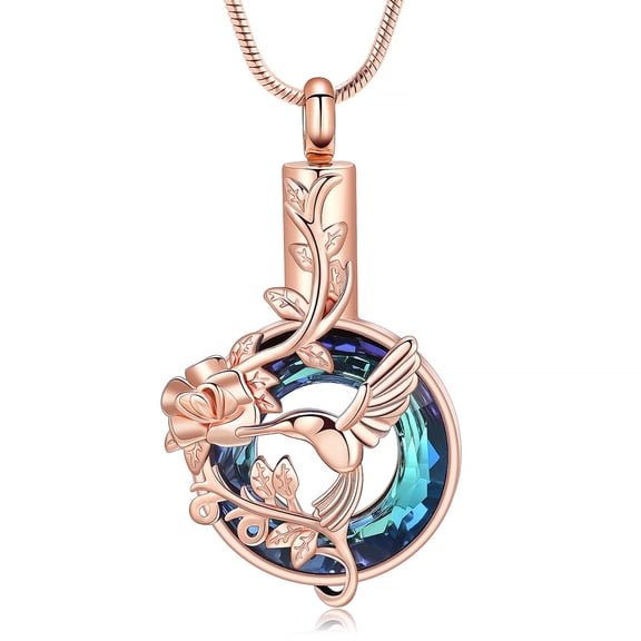 Birthstone Hummingbird Urn Cremation Jewelry Crystal Circle Urn Necklace for Ashes Women Men Memorial Keepsake Necklace of Loved One