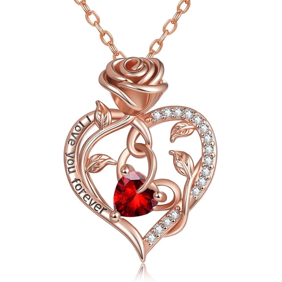 Birthstone Necklace for Women Birthday Gift for Her Rose Flower Necklace for Women Heart Birthstone Necklace January Jewelry Gifts for Mum Mother