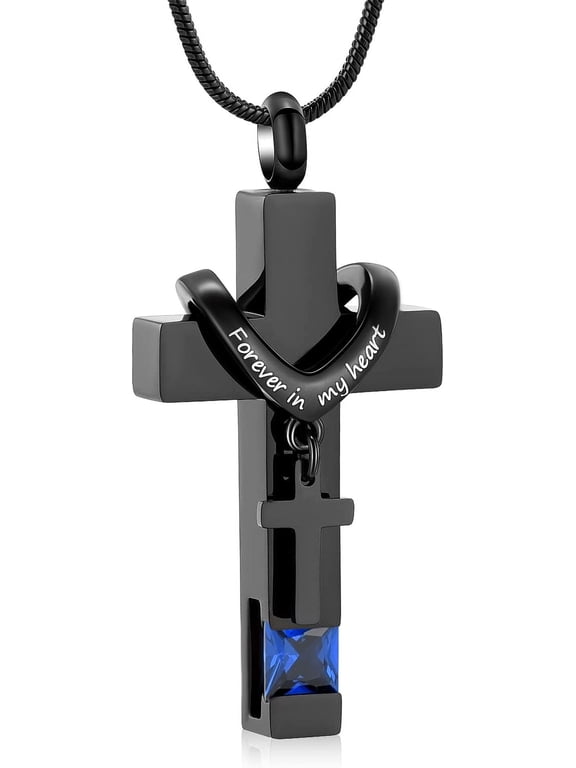 Birthstone Personalized Double Cross Urn Necklace Cremation Jewelry for Ashes Cross Ashes Keepsake Stainless Steel Memorial Cremation Jewelry