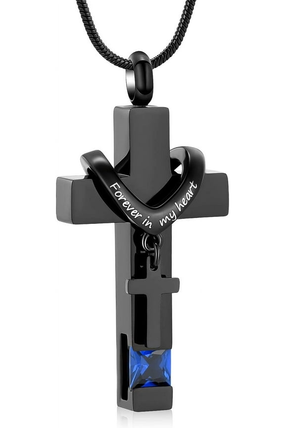 Birthstone Personalized Double Cross Urn Necklace Cremation Jewelry for Ashes Cross Ashes Keepsake Stainless Steel Memorial Cremation Jewelry
