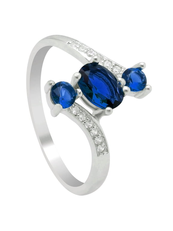 September Birthstone Ring for Women Blue Simulated Sapphire Three Stone Sterling Silver CZ Statement Ring Size 12 Ginger Lyne