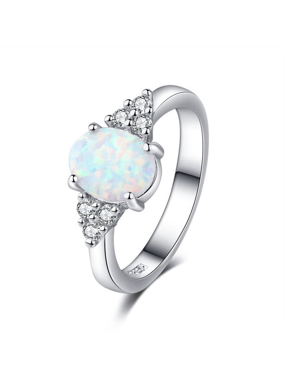 Birthstone Rings for Women Silver Created Opal Rings Jewelers Stainless Steel Oval Shape Simulated Fire Opal Wedding Engagement Proposal Ring