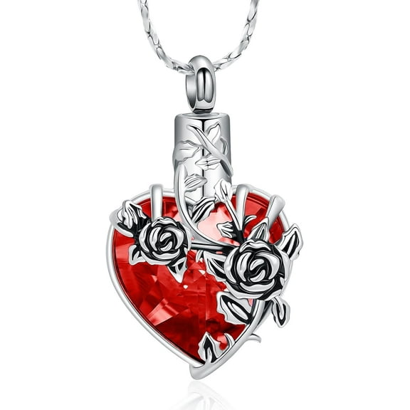 Birthstone Rose Flower Cremation Urn Necklace for Ashes Crystal Heart Memorial Jewelry for Women Cremation Necklace for Ashes Memorial Gift for Women Keepsake Gifts