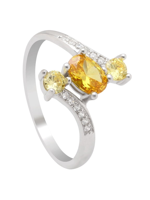 November Birthstone Ring for Women Yellow Simulated Citrine Three Stone Sterling Silver CZ Statement Ring Size 12 Ginger Lyne
