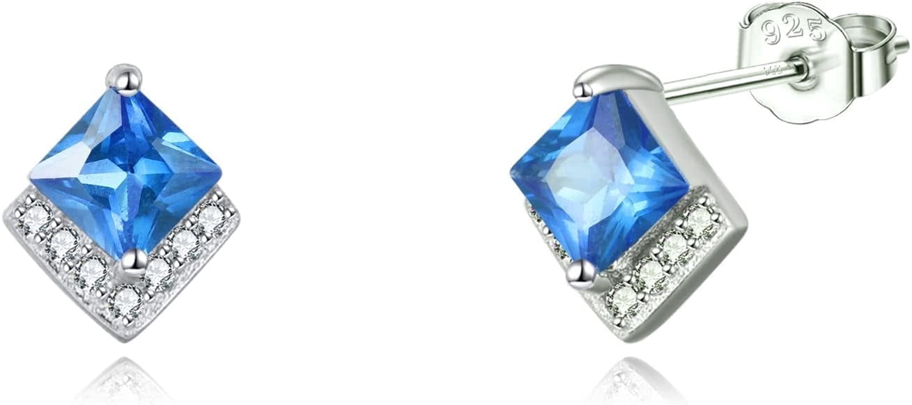 Birthstone Stud Earrings Sterling Silver Square Created Blue Topaz Crystal December Earrings Cubic Zirconia Piercing Jewelry Small Gifts for Women Mothers